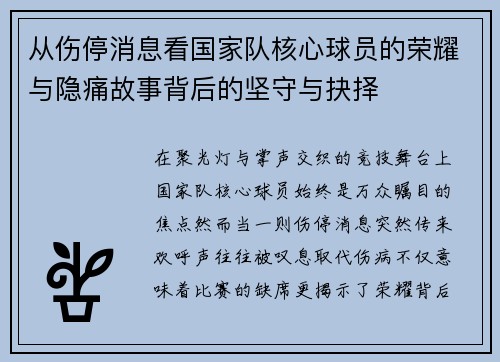 从伤停消息看国家队核心球员的荣耀与隐痛故事背后的坚守与抉择